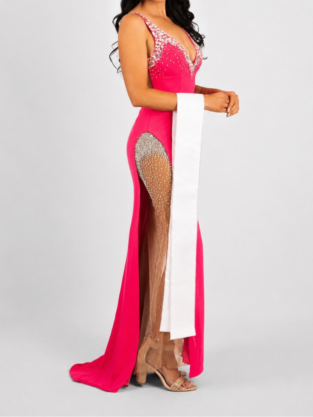 Jovani Hot Pink Crystal-Embellished Prom Gown